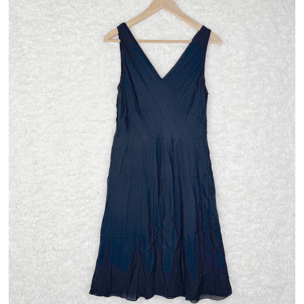 Ellen Tracy Black V Neck Sleeveless Fit Flare Dress 14P 100%‎ Silk Lined Petite